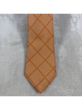 ISAIA Napoli Luxury 7 Fold Silk Neck Tie Orange Copper Diamond Check Designer